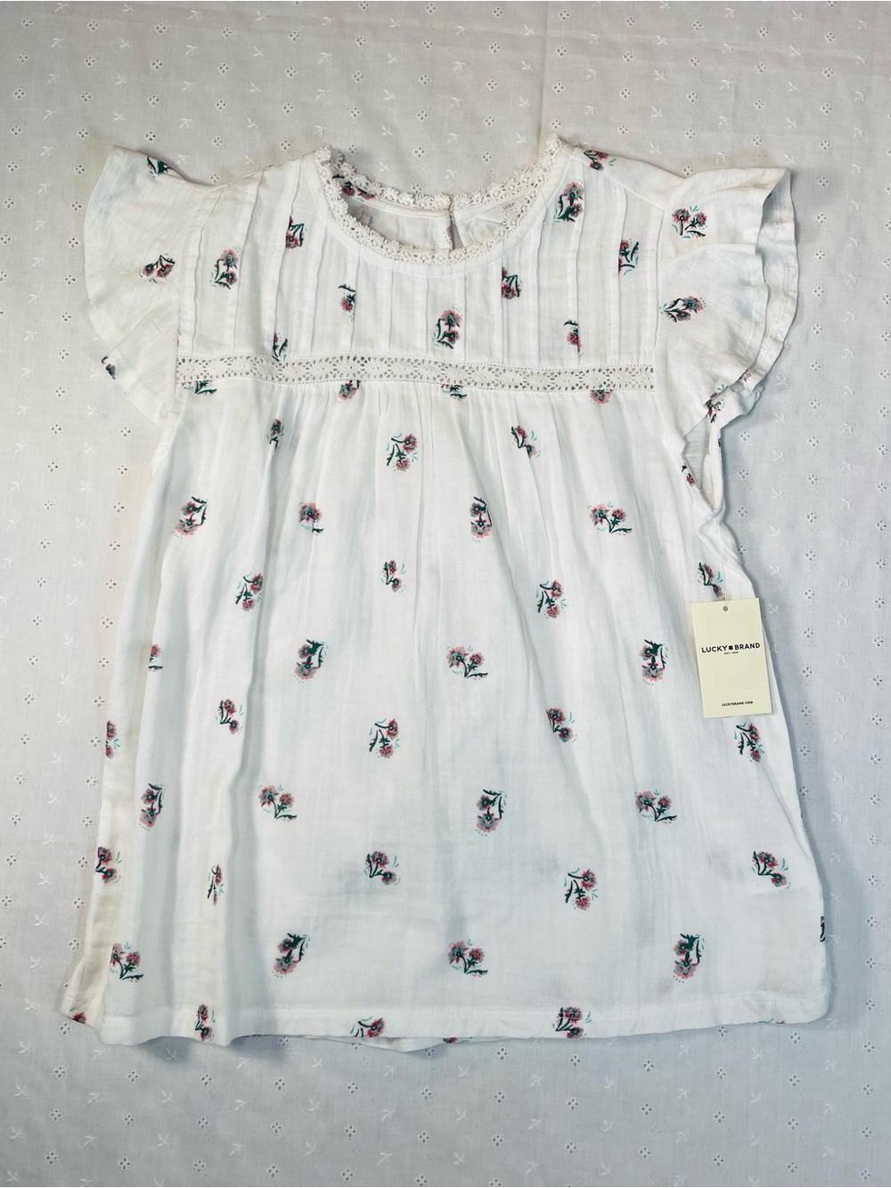 Lucky Brand White Dress with Pink and Green Floral Embroidery
